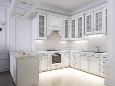 Lüks mutfak klasik İskandinav tarzı, Beyaz ahşap paneli mermer tabletoop. 3D render