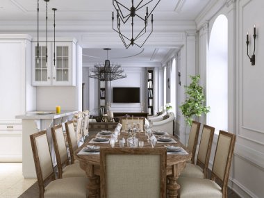 Yemek odası, mutfak ve oturma odası Beyaz ve kahverengi mobilya ve metal avizeler lüks klasik iç. 3D render