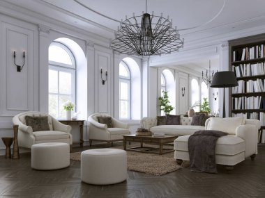 Klasik tarzı rahat ve aydınlık oturma odasında iç. 3D render.