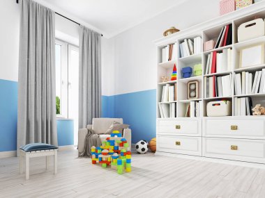 Çocuk s yatak odası iç yatak, dolap, gibi beyaz bir duvar ile çerçeveli poster ve oyuncaklar. 3D render