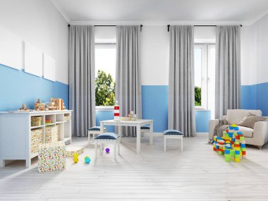 Boş bir çocuk oyun odası çocuk masa ve renkli oyuncaklar. 3D render