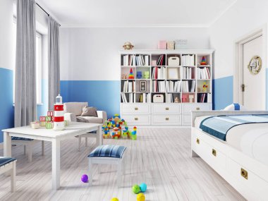 Boş bir çocuk oyun odası çocuk masa ve renkli oyuncaklar. 3D render