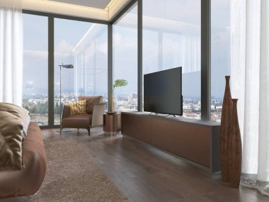 Bir Tv ile çağdaş tarzda bir ahşap Tv kabine tarafından büyük pencere ayarlayın. Bir yuvarlak masa ve bir zemin lamba ile deri koltuk. Ahşap vazo. 3D render.