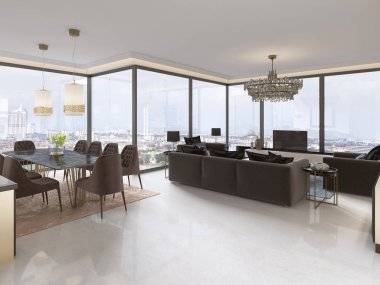 Büyük pencereler ve şehrin güzel manzaralarını oturma odası. 3D render