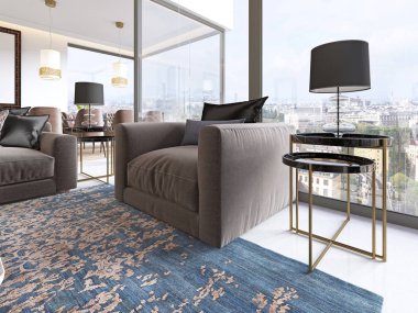 Lüks modern ve döşemeli koltuk pencerenin yan masa ve lamba. 3D render.