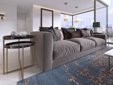 Büyük pencereler ve şehrin güzel manzaralarını oturma odası. 3D render