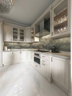 Çağdaş mutfak yemek masası cam avize klasik unsurları ile. Bej renklerde iç. 3D render.