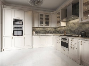 Çağdaş mutfak yemek masası cam avize klasik unsurları ile. Bej renklerde iç. 3D render.