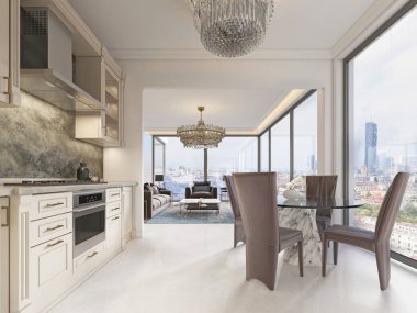 Bir yemek masası ve büyük bir tam uzunlukta pencere ve güzel bir şehir manzarası ile lüks bir modern tarzda mutfak. 3D render.