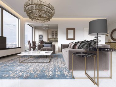 Lüks salon stüdyo ile mutfak ve yemek odası. 3D render