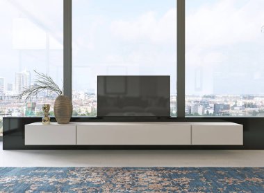TV ünitesi geri çekilebilir Tv ve geniş pencere dekor siyah desenli bej. 3D render.
