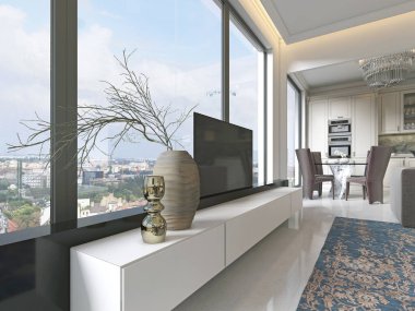 TV ünitesi geri çekilebilir Tv ve geniş pencere dekor siyah desenli bej. 3D render.
