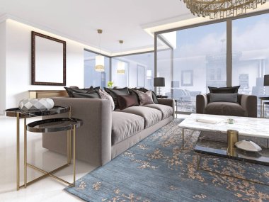 Lüks salon stüdyo ile mutfak ve yemek odası. 3D render