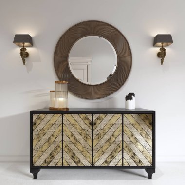 Lüks art deco tarzı şifoniyer yaldızlı cephe ve patina. Yuvarlak ayna göğüs ve aplik üzerinde. 3D render.