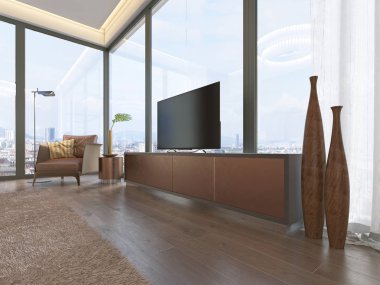 Bir Tv ile çağdaş tarzda bir ahşap Tv kabine tarafından büyük pencere ayarlayın. Bir yuvarlak masa ve bir zemin lamba ile deri koltuk. Ahşap vazo. 3D render.