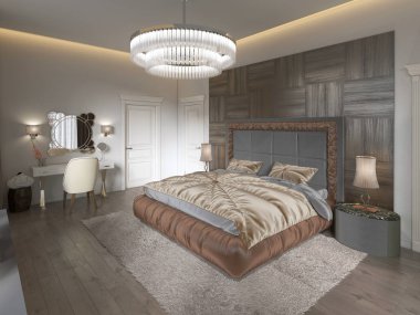 Lüks yatak odası iç kumaş yatak, şifoniyer ve nightstands. 3D render