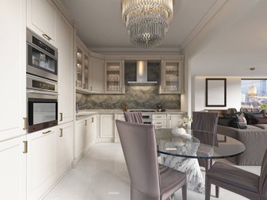 Çağdaş mutfak yemek masası cam avize klasik unsurları ile. Bej renklerde iç. 3D render.