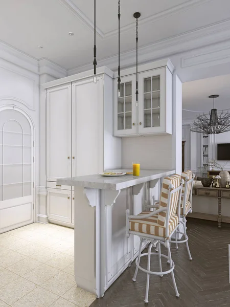 bar stools in classic white kitchen. 3d rendering