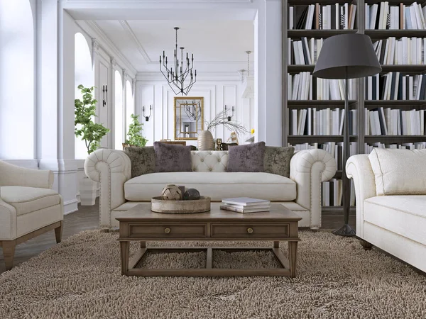 Luxury Sofa Classic Living Room Library Rendering — Stock Photo, Image