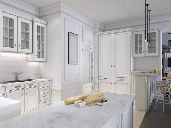 Luxury kitchen classic scandinavian style, white wooden panel with marble tabletoop. 3D rendering