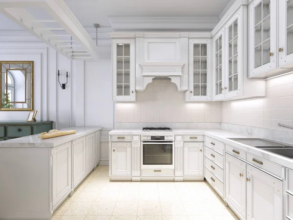 豪华厨房经典的斯堪的纳维亚风格 白色的木制面板与大理石桌布 — 图库照片