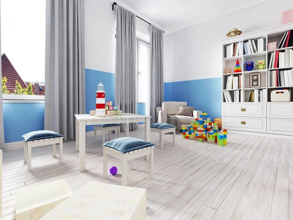 男孩的卧室内部有白色的墙壁 框架海报和玩具 — 图库照片