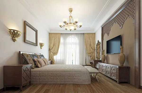 Dormitorio Estilo Árabe Oriente Medio Con Lujosas Tallas Madera Una — Foto de Stock