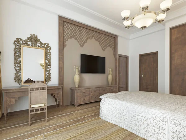 Bedroom in the Middle Eastern Arabian style with luxurious wooden carvings and a large bed with a wooden headboard. 3D rendering