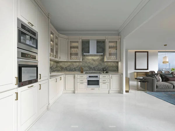 Modern Art Deco Kitchen Classic Elements Glass Facade Built Appliances — Stock Photo, Image
