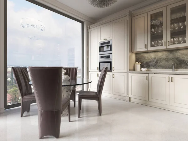 Luxusní Moderní Kuchyně Jídelní Stůl Velké Plnohodnotné Okno Krásný Výhled — Stock fotografie