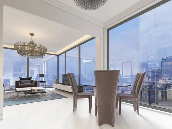Luxusní Moderní Kuchyně Jídelní Stůl Velké Plnohodnotné Okno Krásný Výhled — Stock fotografie