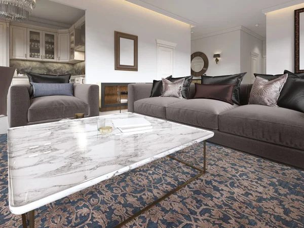 Moderne Luksus Stue Interiør Med Sofa Lænestole Sofabord Spisebord Med - Stock-foto