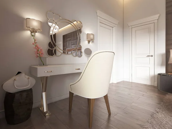 White dressing table with decor, mirror and sconces on the wall. White soft chair. 3d rendering.