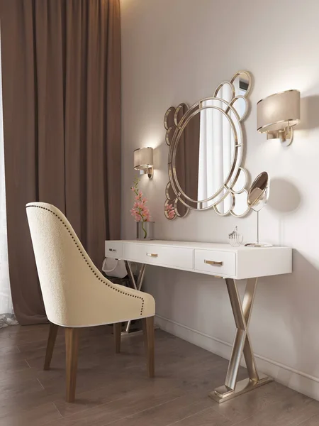 White dressing table with decor, mirror and sconces on the wall. White soft chair. 3d rendering.