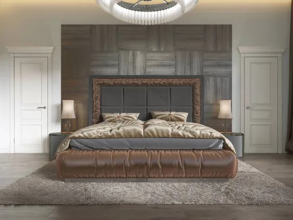 Modern Luxury Bed Art Deco Style Quilt Wooden Headboard Parquet — Stock Photo, Image