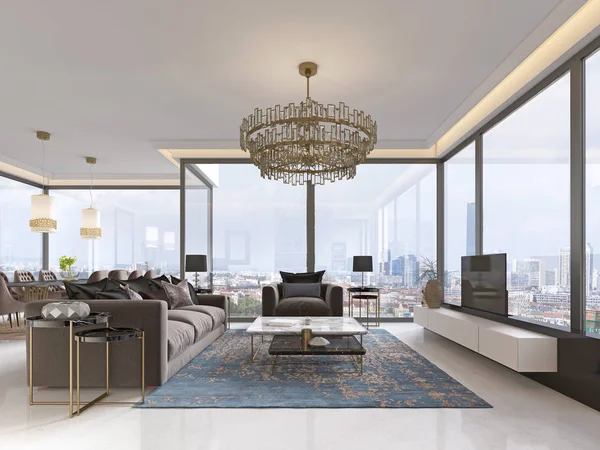 Art deco living room with gorgeous large windows and beautiful views, gilded metal chandelier. 3D rendering.