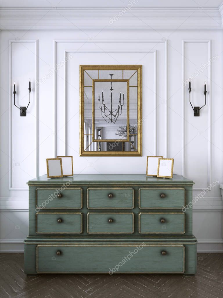 Vintage chest of drawers in classic style with miror. 3d rendering