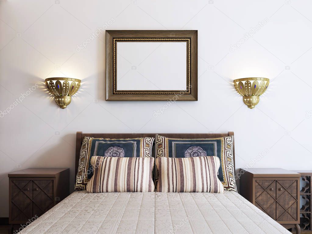 The large bed in the bedroom is middle eastern arabic style with patterned pillows and bedspread. The picture above the headboard. 3D rendering