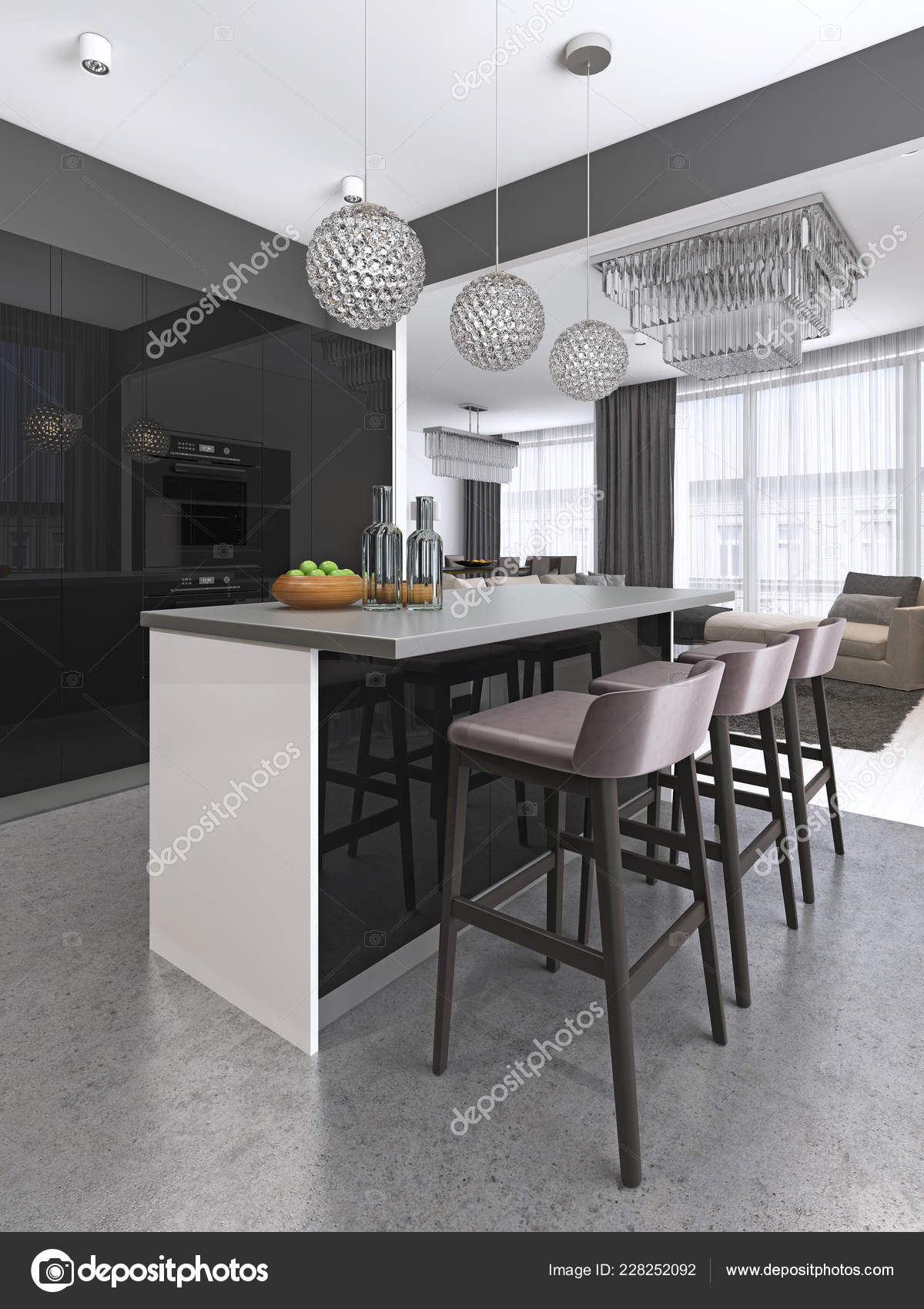 Kitchen Island Three Bar Stools Glass Chandeliers