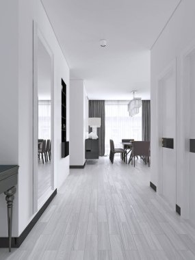 Beyaz koridor kapıları ve İskandinav tarzı bir dekor ile yapılı-içinde siyah raflar ile. 3D render