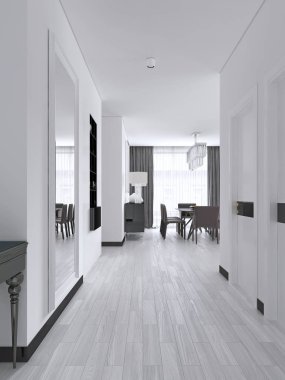 white corridor with doors and built-in black shelves with a decor in the Scandinavian style. 3d rendering clipart