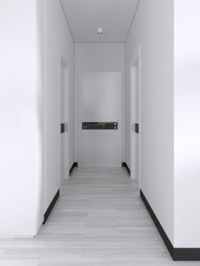 Beyaz koridor kapıları ve İskandinav tarzı bir dekor ile yapılı-içinde siyah raflar ile. 3D render