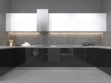 Siyah beyaz parlak cephe ve beton zemin çağdaş mutfak. 3D render.
