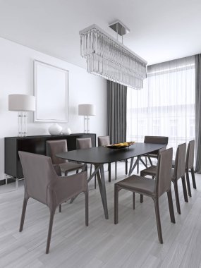 İskandinav tarzı bir stüdyo dairede yemek masası. 3D render