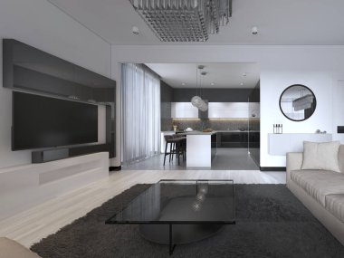 Geniş daire iç stüdyo ile beyaz duvar İskandinav tarzı, yemek ve mutfak. 3D render