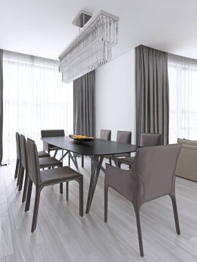 İskandinav tarzı bir stüdyo dairede yemek masası. 3D render