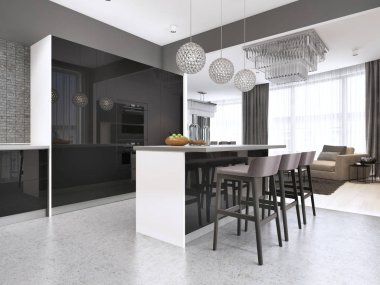 Siyah parlak cephe ile bir ada ve bar tabureleri ile çağdaş mutfak. 3D render