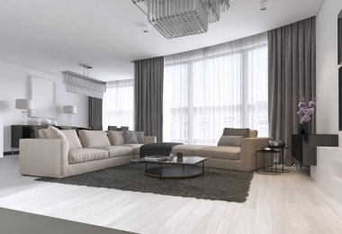 Modern ışık çağdaş oturma odası büyük köşe kanepe ve yemek alanı ile. Bir ayna, Tv Ünitesi, kahve ve yan tabloyla konsol. 3D render.