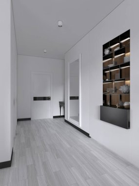 Beyaz koridor kapıları ve İskandinav tarzı bir dekor ile yapılı-içinde siyah raflar ile. 3D render