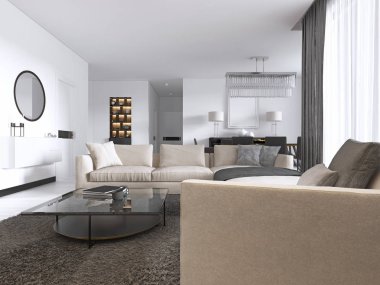 Modern ışık çağdaş oturma odası büyük köşe kanepe ve yemek alanı ile. Bir ayna, Tv Ünitesi, kahve ve yan tabloyla konsol. 3D render.